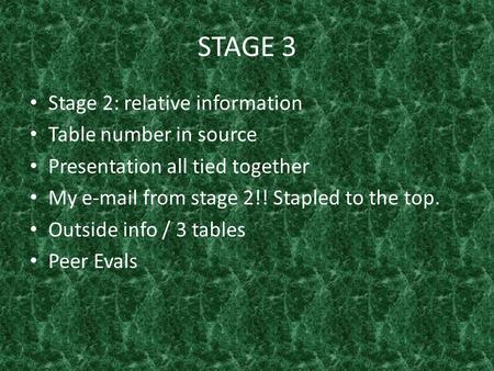 STAGE 3 Stage 2: relative information Table number in source Presentation all tied together My e-mail from stage 2!! Stapled to the top. Outside info /