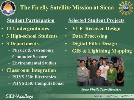 The Firefly Satellite Mission at Siena Student Participation 12 Undergraduates 3 High-school Students 3 Departments –Physics & Astronomy –Computer Science.