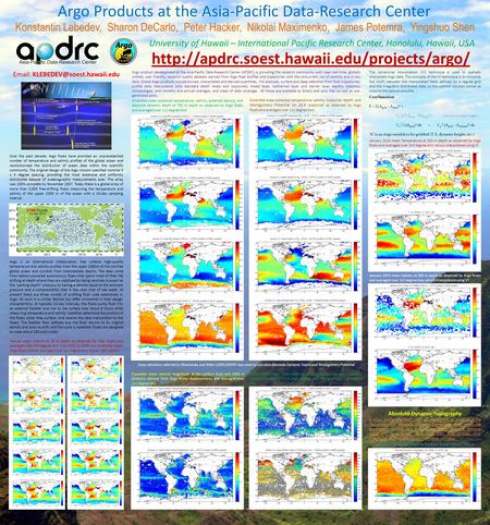 Argo Products at the Asia-Pacific Data-Research Center Konstantin Lebedev, Sharon DeCarlo, Peter Hacker, Nikolai Maximenko, James Potemra, Yingshuo Shen.