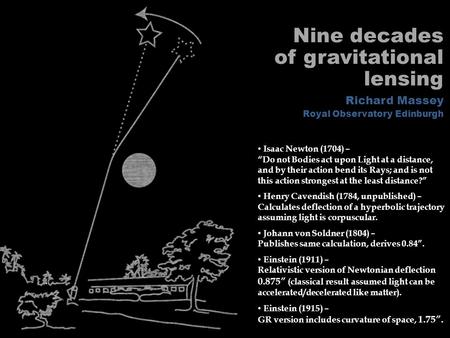 Nine decades of gravitational lensing Richard Massey Royal Observatory Edinburgh Isaac Newton (1704) – “Do not Bodies act upon Light at a distance, and.