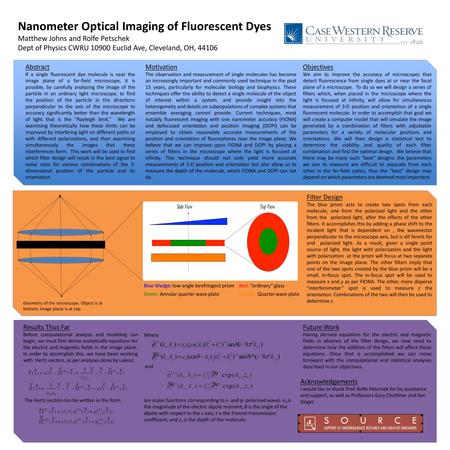 Red: “ordinary” glass Orange: Quarter wave plate Nanometer Optical Imaging of Fluorescent Dyes Matthew Johns and Rolfe Petschek Dept of Physics CWRU 10900.