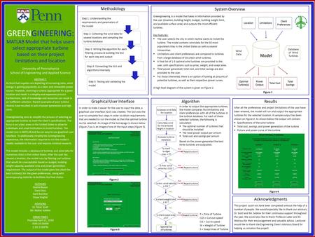 System Overview Results Graphical User Interface GREENGINEERING: MATLAB Model that helps users select appropriate turbine based on their project limitations.