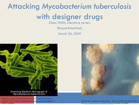 Attacking Mycobacterium tuberculosis with designer drugs Chem 3000; Literature review Shayne Rybchinski March 26, 2009 Taken from: Davis, N., Decoding.