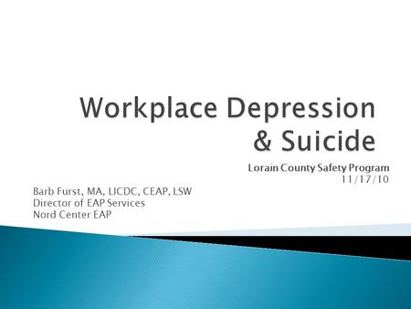 Lorain County Safety Program 11/17/10 Barb Furst, MA, LICDC, CEAP, LSW Director of EAP Services Nord Center EAP.