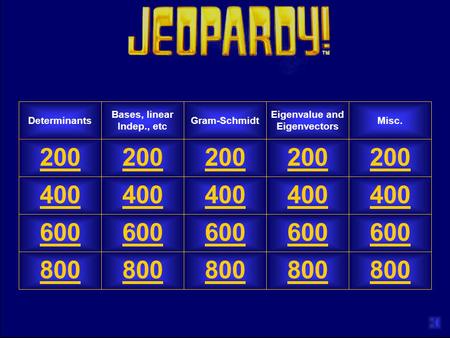 Determinants Bases, linear Indep., etc Gram-Schmidt Eigenvalue and Eigenvectors Misc. 200 400 600 800.
