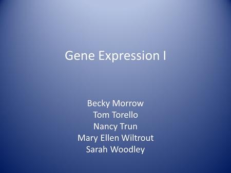 Gene Expression I Becky Morrow Tom Torello Nancy Trun Mary Ellen Wiltrout Sarah Woodley.