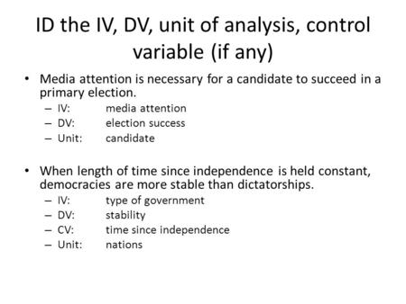 ID the IV, DV, unit of analysis, control variable (if any)