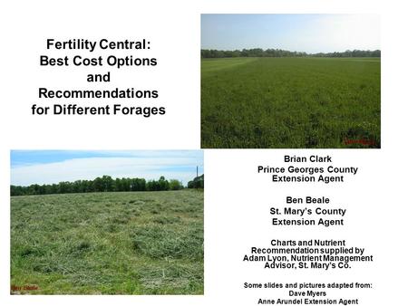 Fertility Central: Best Cost Options and Recommendations for Different Forages Brian Clark Prince Georges County Extension Agent Ben Beale St. Mary’s County.