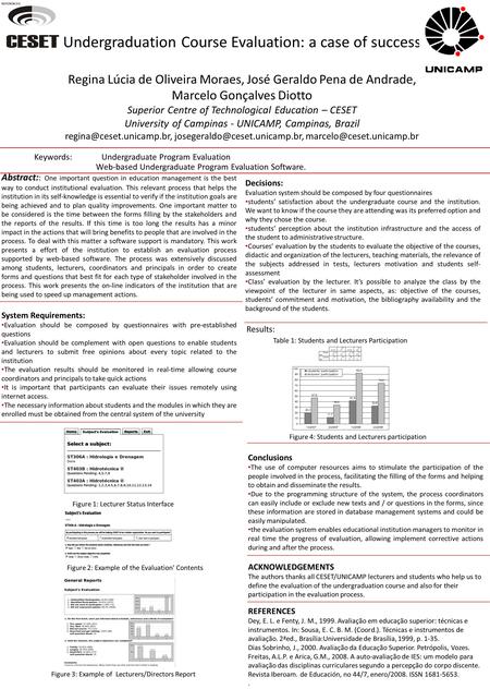 Undergraduation Course Evaluation: a case of success Regina Lúcia de Oliveira Moraes, José Geraldo Pena de Andrade, Marcelo Gonçalves Diotto Superior Centre.