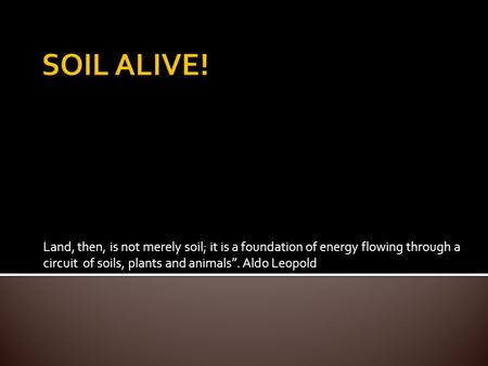 SOIL ALIVE! Land, then, is not merely soil; it is a foundation of energy flowing through a circuit of soils, plants and animals”. Aldo Leopold.