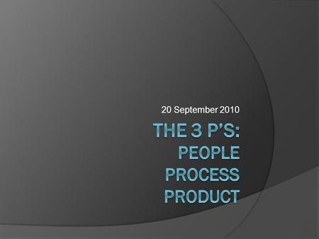 20 September 2010. Importance of People Most important factor in the quality of software is the quality of the programmers If your life depended on.