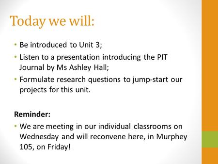 Today we will: Be introduced to Unit 3; Listen to a presentation introducing the PIT Journal by Ms Ashley Hall; Formulate research questions to jump-start.