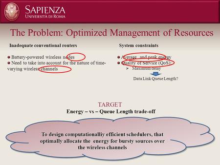 System constraints Average and peak energy Quality of Service (QoS):  Maximum delay Data Link Queue Length? Inadequate conventional routers Battery-powered.