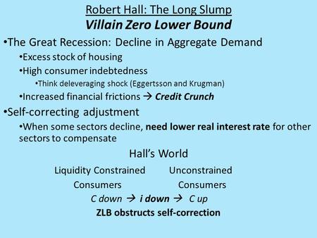 Robert Hall: The Long Slump Villain Zero Lower Bound The Great Recession: Decline in Aggregate Demand Excess stock of housing High consumer indebtedness.