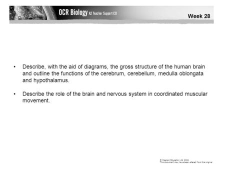 Week 28 Describe, with the aid of diagrams, the gross structure of the human brain and outline the functions of the cerebrum, cerebellum, medulla oblongata.