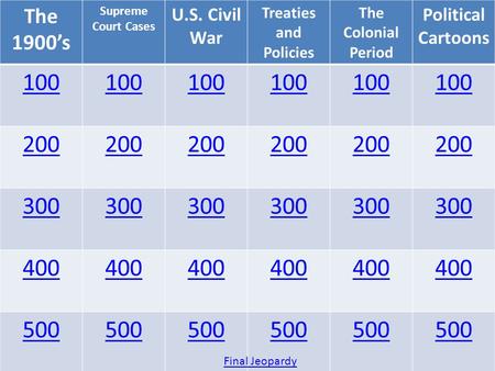 The 1900’s Supreme Court Cases U.S. Civil War Treaties and Policies The Colonial Period Political Cartoons 100 200 300 400 500 Final Jeopardy.