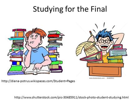 Studying for the Final http://diana-potrus.wikispaces.com/Student+Pages http://www.shutterstock.com/pic-30485911/stock-photo-student-studying.html.