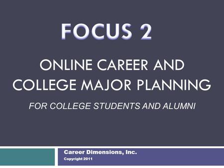 ONLINE CAREER AND COLLEGE MAJOR PLANNING FOR COLLEGE STUDENTS AND ALUMNI Career Dimensions, Inc. Copyright 2011.