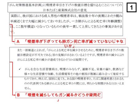 A 「喫煙率が下がっても肺ガン死亡率が減っていないじゃな いか」 B 「喫煙を減らしてもガン減るかどうか疑問だ 」 1.