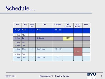 ECEN 301Discussion #3 – Electric Power1 DateDayClass No. TitleChaptersHW Due date Lab Due date Exam 10 SeptWed3Power2.4 – 2.5 11 SeptThu 12 SeptFri Recitation.