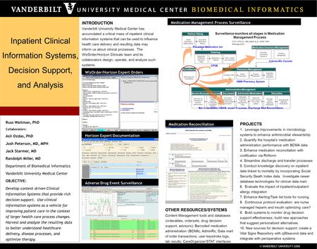 © VANDERBILT UNIVERSITY 2008 Inpatient Clinical Information Systems, Decision Support, and Analysis Russ Waitman, PhD Collaborators: Asli Ozdas, PhD Josh.