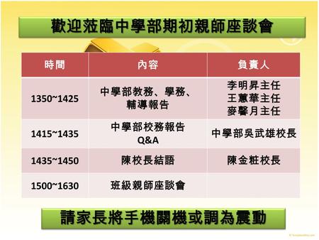 歡迎蒞臨中學部期初親師座談會 請家長將手機關機或調為震動