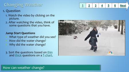 1. Watch the video by clicking on the picture. 2. After watching the video, think of some questions that you have. Jump Start Questions What type of weather.