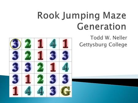 Todd W. Neller Gettysburg College.  Specification: grid size, start state (square), goal state, jump numbers for each non- goal state.  Jump number: