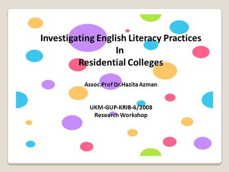 Investigating English Literacy Practices In Residential Colleges Assoc.Prof Dr.Hazita Azman UKM-GUP-KRIB-6/2008 Research Workshop.