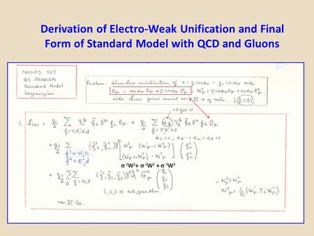 Derivation of Electro-Weak Unification and Final Form of Standard Model with QCD and Gluons  1 W 1 +  2 W 2 +  3 W 3.