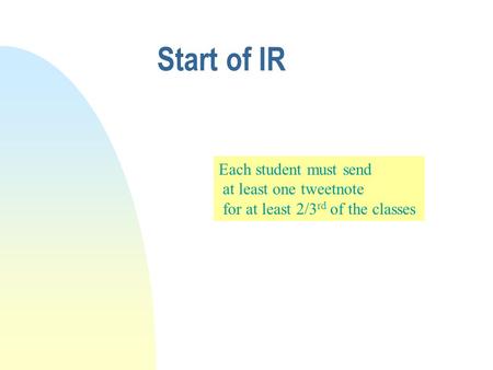 Start of IR Each student must send at least one tweetnote for at least 2/3 rd of the classes.