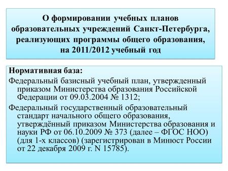 О формировании учебных планов образовательных учреждений Санкт-Петербурга, реализующих программы общего образования, на 2011/2012 учебный год Нормативная.