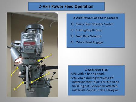 1 2 4 3 Z-Axis Feed Tips Use with a boring head. Use when drilling through soft materials that “pull” drill bit when finishing cut. Commonly affected materials: