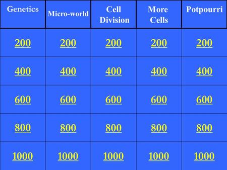 400 600 800 1000 200 400 600 800 1000 200 400 600 800 1000 200 400 600 800 1000 200 400 600 800 1000 200 Genetics Micro-world Cell Division More Cells.