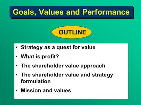 Goals, Values and Performance Strategy as a quest for value What is profit? The shareholder value approach The shareholder value and strategy formulation.