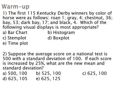 Warm-up 1) The first 115 Kentucky Derby winners by color of horse were as follows: roan 1; gray, 4; chestnut, 36; bay, 53; dark bay, 17; and black, 4.