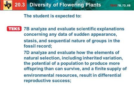 The student is expected to: 7B analyze and evaluate scientific explanations concerning any data of sudden appearance, stasis, and sequential nature of.