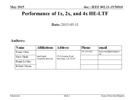 Doc.: IEEE 802.11-15/569r0 Submission Performance of 1x, 2x, and 4x HE-LTF May 2015 Slide 1 Date: 2015-05-11 Authors: Kome Oteri (InterDigital)