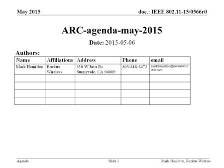 May 2015 Agenda doc.: IEEE 802.11-15/0566r0 Mark Hamilton, Ruckus WirelessSlide 1 ARC-agenda-may-2015 Date: 2015-05-06 Authors: