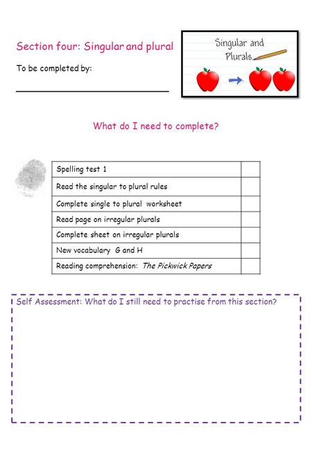 Section four: Singular and plural To be completed by: ______________________________ What do I need to complete? Spelling test 1 Read the singular to plural.