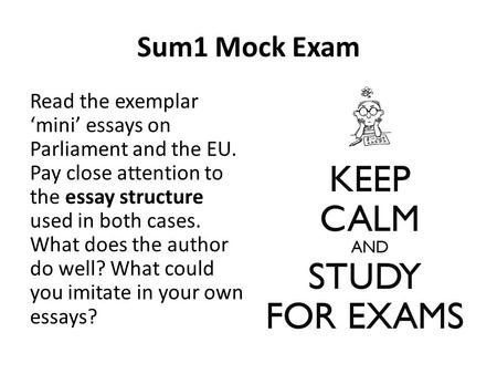 Sum1 Mock Exam Read the exemplar ‘mini’ essays on Parliament and the EU. Pay close attention to the essay structure used in both cases. What does the author.