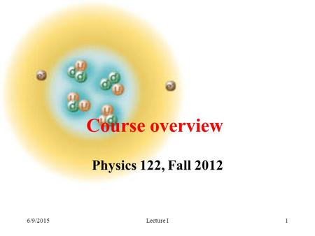 6/9/2015Lecture I1 Physics 122, Fall 2012 Course overview.