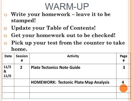 WARM-UP Write your homework – leave it to be stamped!