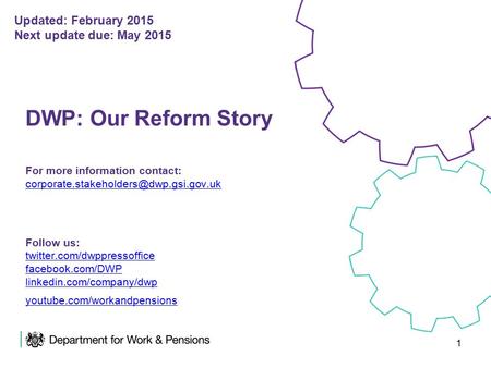 1 DWP: Our Reform Story For more information contact: Follow us: twitter.com/dwppressoffice facebook.com/DWP linkedin.com/company/dwp.