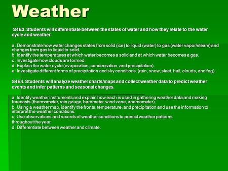 Weather S4E3. Students will differentiate between the states of water and how they relate to the water cycle and weather. a. Demonstrate how water changes.