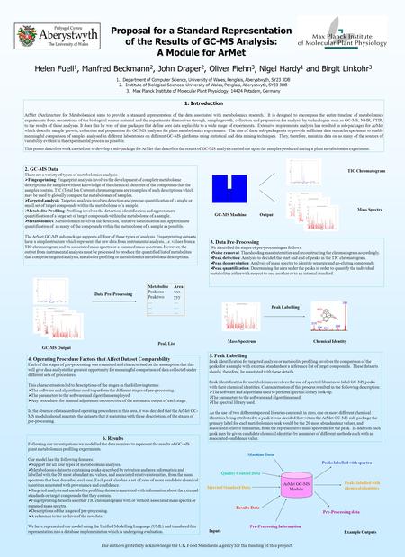 Proposal for a Standard Representation of the Results of GC-MS Analysis: A Module for ArMet Helen Fuell 1, Manfred Beckmann 2, John Draper 2, Oliver Fiehn.