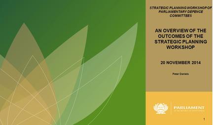 STRATEGIC PLANNING WORKSHOP OF PARLIAMENTARY DEFENCE COMMITTEES AN OVERVIEW OF THE OUTCOMES OF THE STRATEGIC PLANNING WORKSHOP 20 NOVEMBER 2014 Peter Daniels.