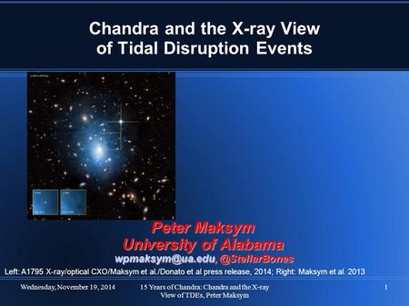 Wednesday, November 19, 201415 Years of Chandra: Chandra and the X-ray View of TDEs, Peter Maksym 1 Chandra and the X-ray View of Tidal Disruption Events.