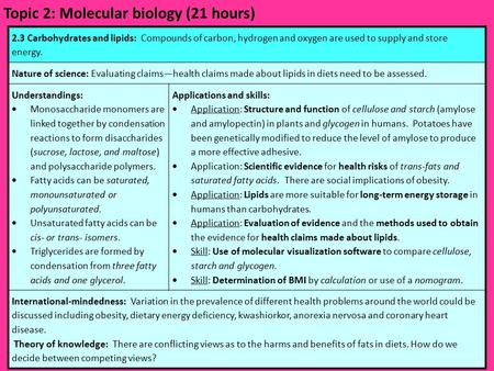 Topic 2: Molecular biology (21 hours)