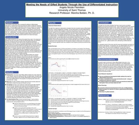 Meeting the Needs of Gifted Students Through the Use of Differentiated Instruction Angela Nicole Flenniken University of Saint Thomas Research Professor: